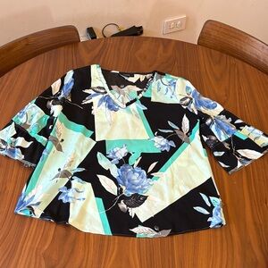 Alfani Black and Mint Floral V-Neck Blouse